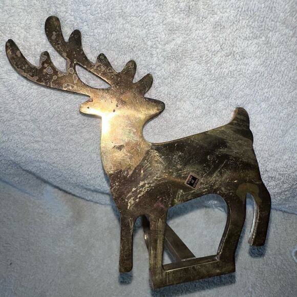Vintage Solid Brass Reindeer Silhouette Christmas Stocking Hanger Etched Philip - Picture 5 of 8